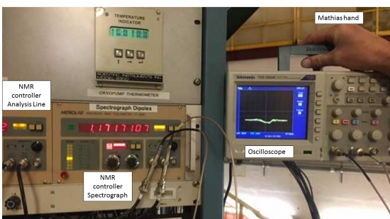 NMR Spectrograph controller connected to oscilloscope.